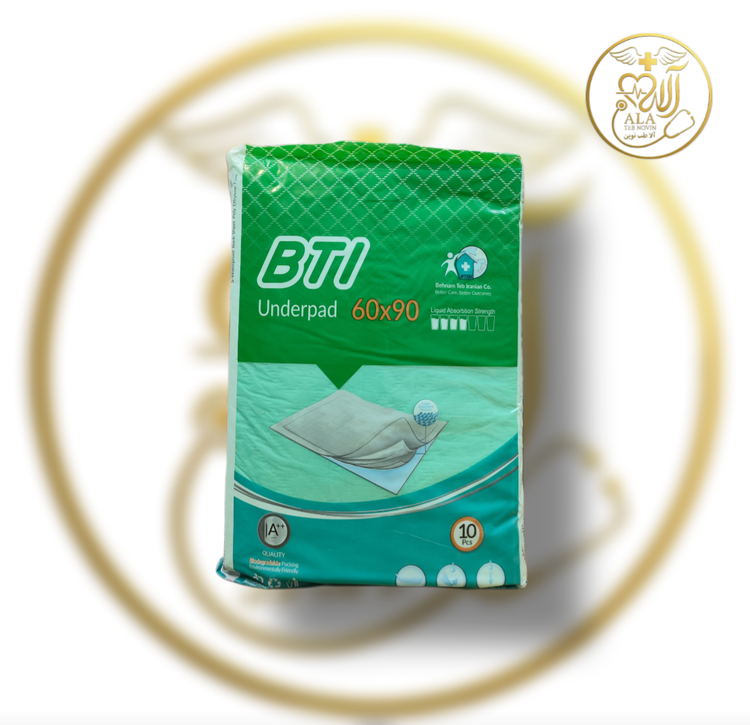 زیرانداز یکبار مصرف بیمار BTI (دروشیت بیتیآی سایز ۶۰×۹۰ سانتیمتر) یک پد محافظتی ۵ لایه با قدرت جذب فوقالعاده بالا جهت حفظ خشکی، بهداشت و پیشگیری از زخم بستر و آلودگی تختهای بیمارستانی و خانگی است. این دروشیت مجهز به لایه زیرین پلیاتیلن (PE) کاملاً ضد
