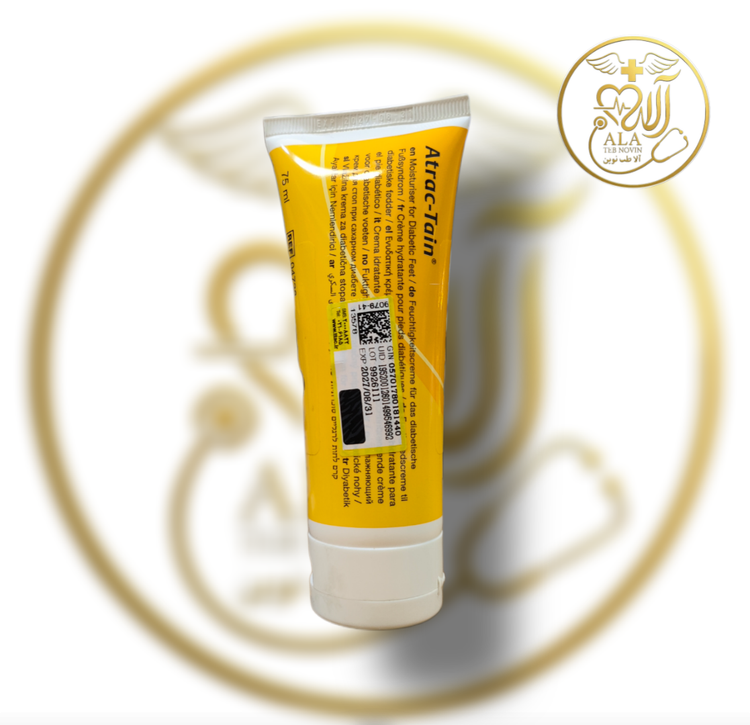 کرم آترک تین کلوپلاست (Coloplast Atrac-Tain Cream کد 4738) فرمولاسیون تخصصی و درمانی کمپانی کلوپلاست دانمارک جهت آبرسانی عمقی، رفع خشکی مفرط (Xerosis) و پیشگیری از زخم پای دیابتی است. این کرم با بهرهگیری از ترکیب دوگانه و بالینی ۱۰٪ اوره (Urea) و ۴٪ آلفاه