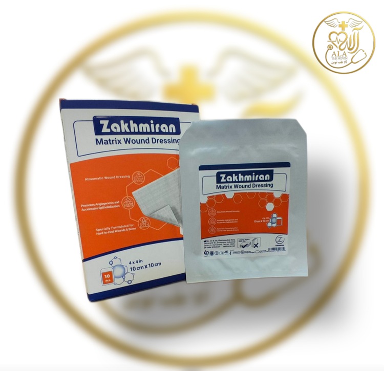 پانسمان ماتریکس زخم زخمیران (Zakhmiran Wound Matrix) یک پانسمان بیواکتیو داربستی پیشرفته بر پایه کلاژن زیستی و کیتوسان در ابعاد ۱۰×۱۰ سانتیمتر است. این محصول با تقلید دقیق از ماتریکس خارج سلولی (ECM)، مهاجرت فیبروبلاستها را تسریع کرده و مهارکننده آنزیمه